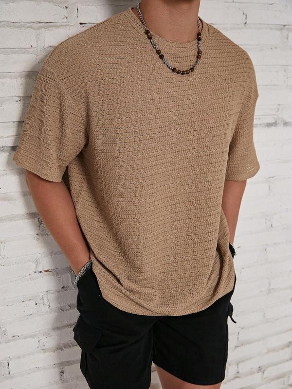 Men's Solid Color Hollow Out Drop Shoulder Shortsleeve Jacquard Tee, Simple Regular Fit Casual Soft Short Sleeve Round Neck T-Shirt for Summer, Men's Knitting Top for Daily Wear, Menswear Tshirt 90S Clothes