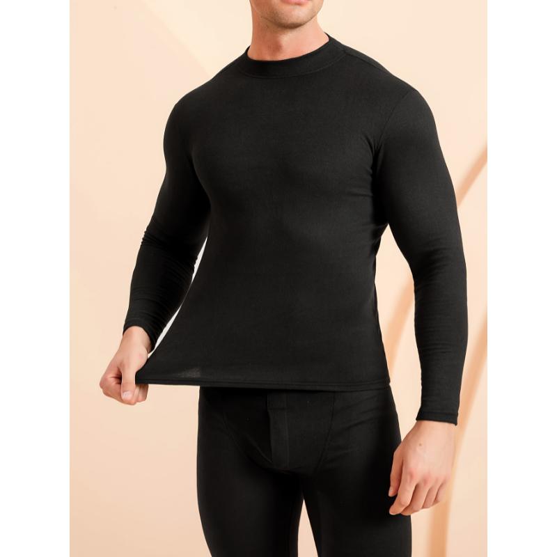 Men's Thermal Underwear Set, Long Sleeve Turtleneck, Warm Fleece-Like, Stretchy Polyester Blend, Solid Color, Tight Fit, for Home, Sports, Cycling, All Seasons