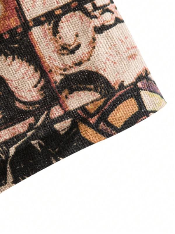 Men's Regular Fit All Over Patchwork Printed Button Front Shirt, Casual Vintage Short Sleeve Collar Shirt for Summer, Fashion Men's Top for Daily Wear