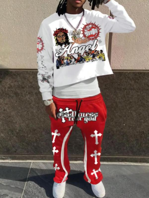 Men's Cartoon Print Sweatshirt & Drawstring Waist Flare Leg Pants Two-piece Set, Regular Fit Casual Round Neck Long Sleeve Pullover & Pocket Trousers for Daily Wear, Men's Two-piece Outfits for Fall & Winter, 80s Fashion Yeezy 350 Outfits