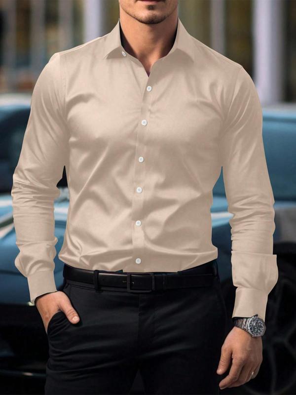 Men's Solid Color Button Front Shirt, Slim Fit Casual Long Sleeve Collared Top for Beach Vacation, Fashion Men's Clothes for All Seasons