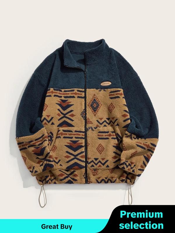 Men's Ethnic Pattern Zip Up Funnel Neck Jacket, Regular Fit Casual Long Sleeve Drawstring Pocket Outerwear for Fall & Winter, Men's Clothes for Daily Wear, Designer Clothing for Men, Jackets for Men Winter Jacket