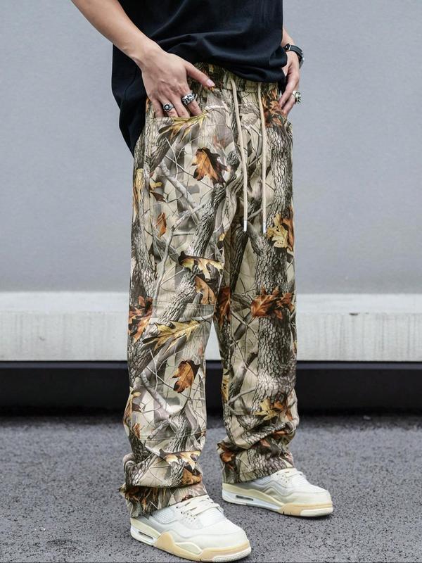 Men's Forest Camo Print Drawstring Waist Pants, Street Fashion Casual Pocket Trousers for Daily Wear, Men's Fall Clothes