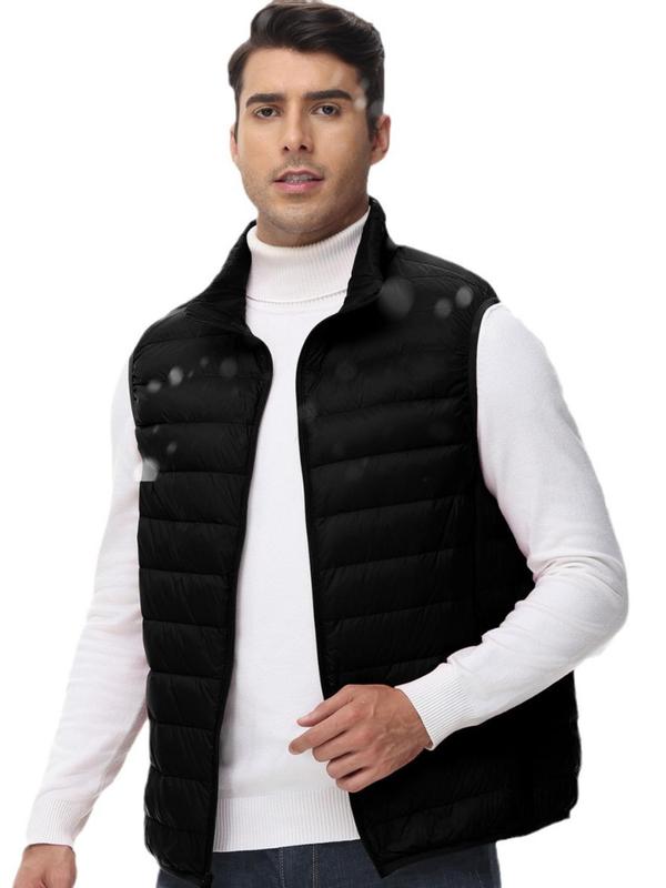 Men's Solid Zip Up Pocket Sports Down Vest Jacket, Regular Fit Casual Sleeveless Thermal Outerwear for Fall & Winter, Men's Clothes for Outdoor Activities