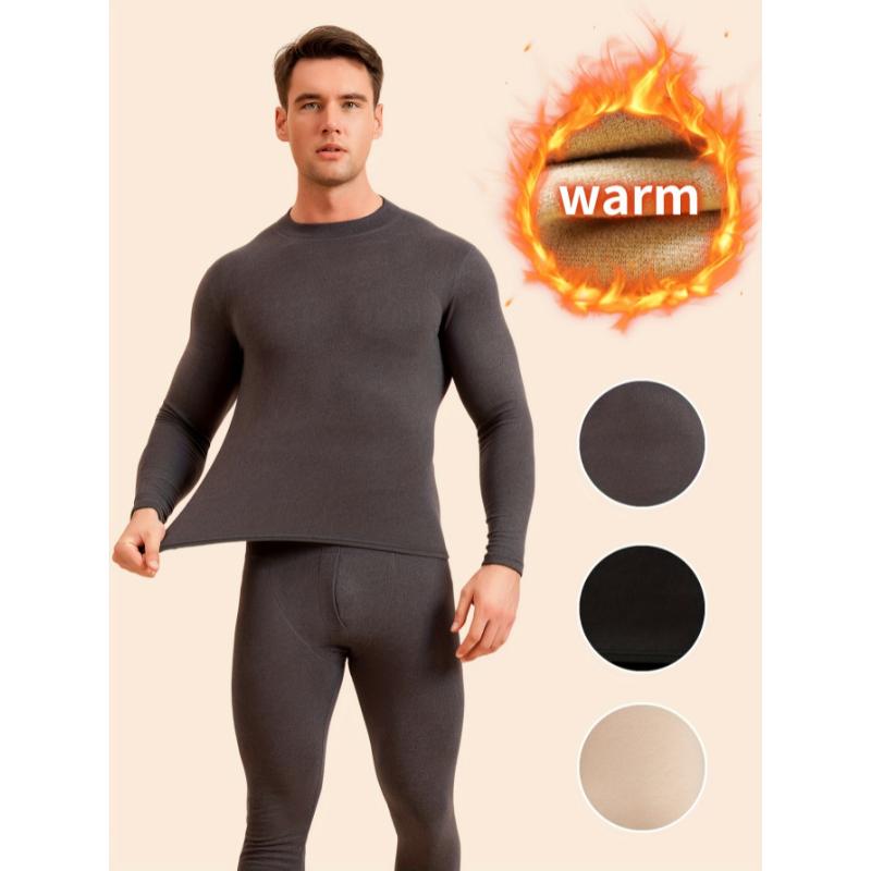 Men's Thermal Underwear Set, Long Sleeve Turtleneck, Warm Fleece-Like, Stretchy Polyester Blend, Solid Color, Tight Fit, for Home, Sports, Cycling, All Seasons