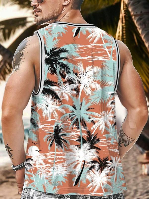 Men's Loose Tropical Print Contrast Binding Tank Top, Palm Tree Print Round Neck Sleeveless Top for Summer, Graphic Tees, Casual Comfy Men's Clothing for Beach Vacation