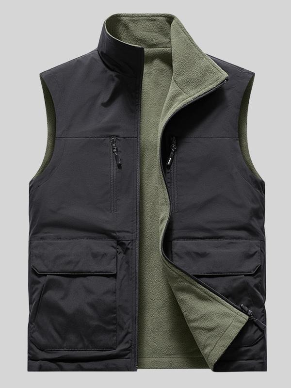 Men's Solid Zip Up Pocket Thermal Lined Sports Vest, Regular Fit Casual Stand Collar Sleeveless Outerwear for Fall & Winter, Men's Sportswear for Outdoor Activities