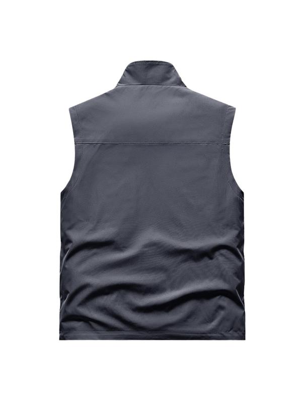 Men's Solid Zip Up Pocket Thermal Lined Sports Vest, Regular Fit Casual Stand Collar Sleeveless Outerwear for Fall & Winter, Men's Sportswear for Outdoor Activities