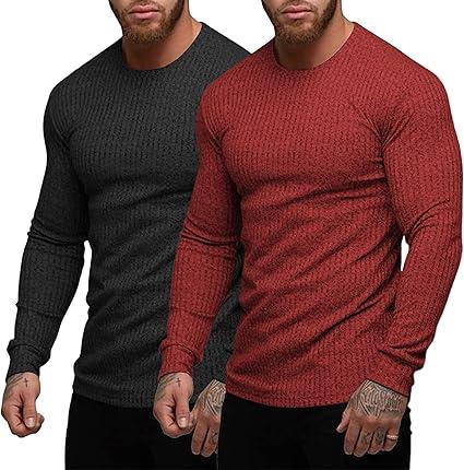 COOFANDY Men's 2 Pack Muscle T-Shirt Stretch Long Sleeve Gym Workout Bodybuilding Training Tee Shirts Casual Hipster Tops