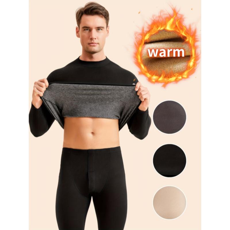 Men's Thermal Underwear Set, Long Sleeve Turtleneck, Warm Fleece-Like, Stretchy Polyester Blend, Solid Color, Tight Fit, for Home, Sports, Cycling, All Seasons