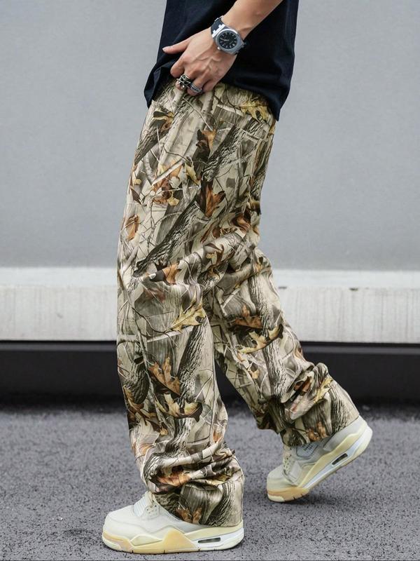 Men's Forest Camo Print Drawstring Waist Pants, Street Fashion Casual Pocket Trousers for Daily Wear, Men's Fall Clothes