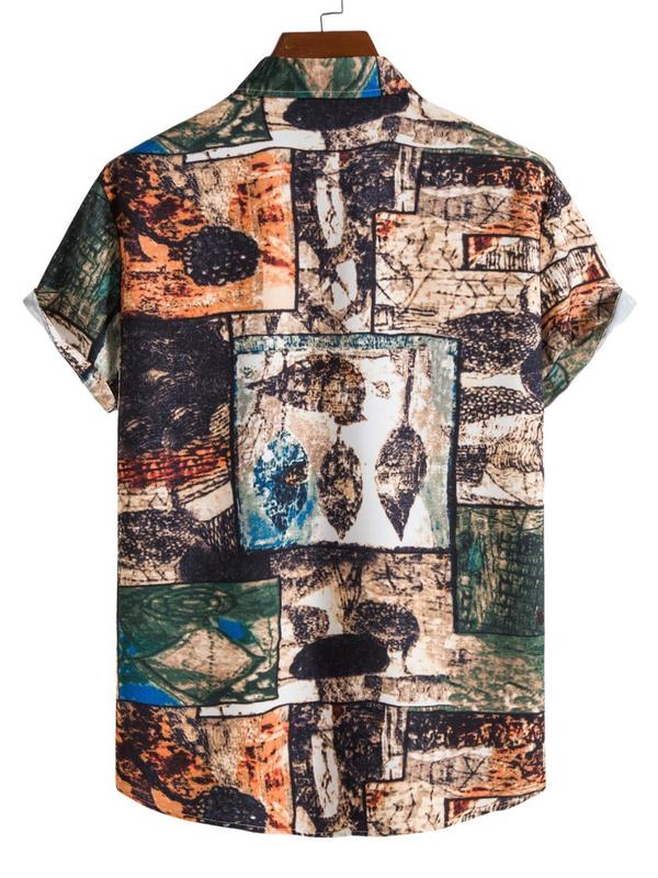 Men's Regular Fit All Over Patchwork Printed Button Front Shirt, Casual Vintage Short Sleeve Collar Shirt for Summer, Fashion Men's Top for Daily Wear
