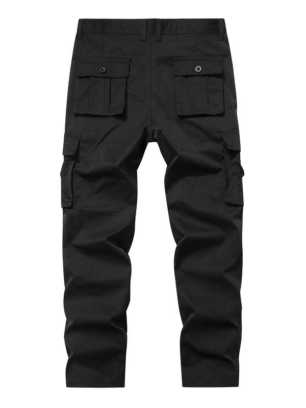 Men's Solid Color Patched Zipper Fly Cargo Pants, Regular Fit Casual Button Multi-pocket Straight Leg Trousers for Wear, Fashion Men's Bottoms for All Seasons, Pants for Men, Fall Outfits, Fallfreshness