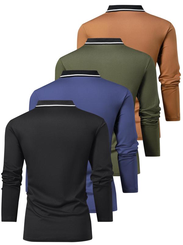 Men's Patchwork Long Sleeve Polo Shirt, Regular Fit Casual Button Front Collared Top for Summer, Fashion Men's Clothes for Daily Wear