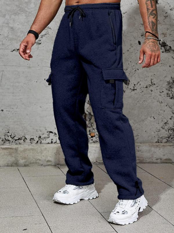 Men's Stylish Plain Flap Pocket Drawstring Waist Wide Leg Pants, Going Out Outfit, Fashion Casual Soft Stretchy Comfort Straight Leg Trousers for Daily Outdoor Wear, Men's Tracksuit for Fitness Travel, Men Cargo Pants, Fall Drippy Going Out Outfits