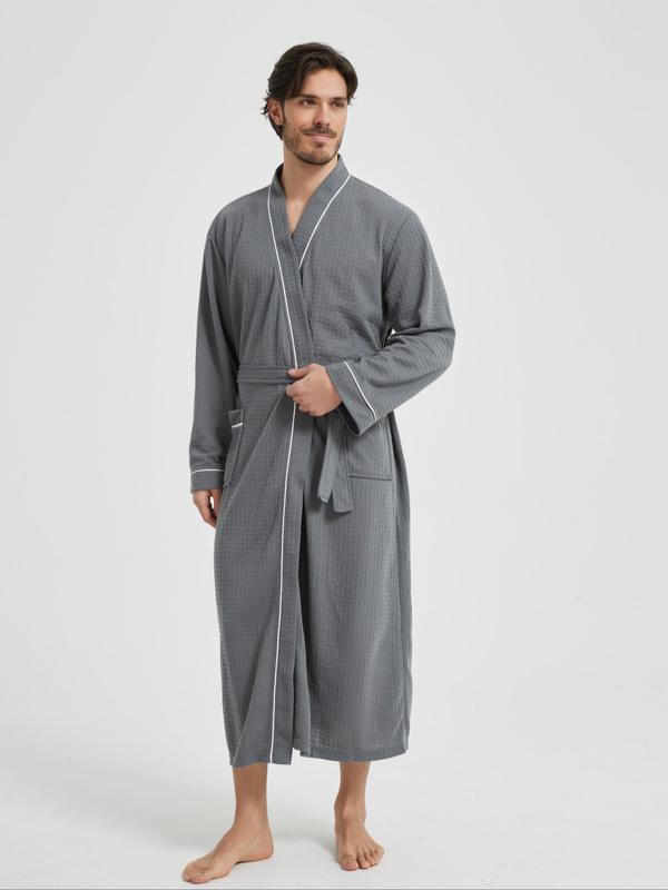 Men's Contrast Binding Pocket Belted Lounge Robe, Casual Soft Comfortable Long Sleeve V Neck Dressing Gown, Men's Sleepwear for All Seasons