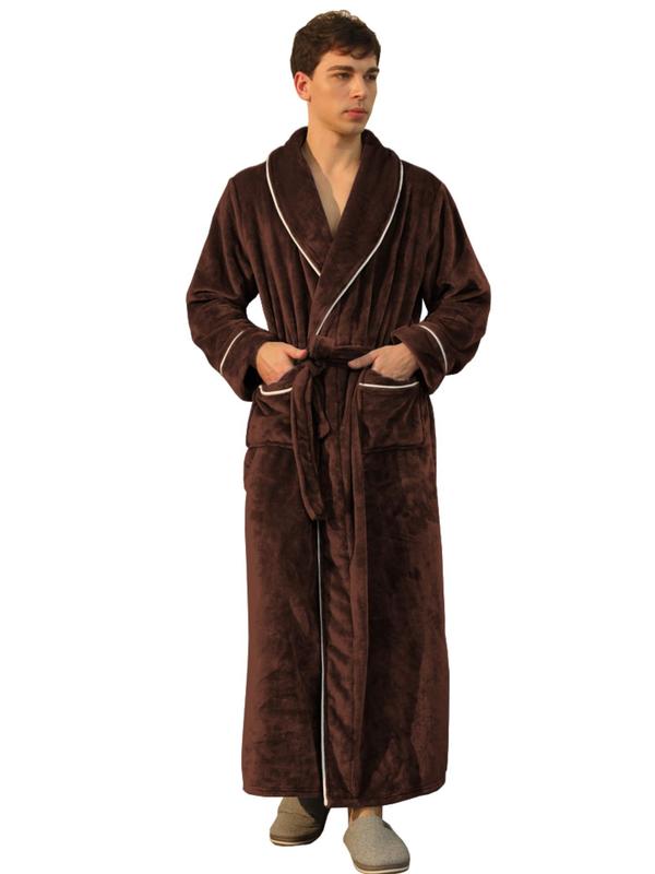 Men's Solid Color Contrast Binding Belted Long Sleeve Flannel Robe, Casual Plain Pocket Design Shawl Collar Bathrobe for Men, Fashion PJ Homewear, Men's Sleepwear Lougewear for Winter