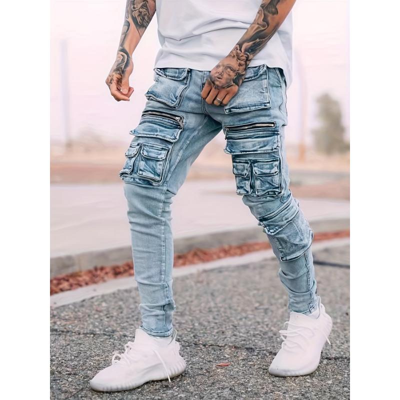 Men's Casual Slim Fit Harem Jeans, Fashionable Street Stretch Multi-pocket Motorcycle Pants