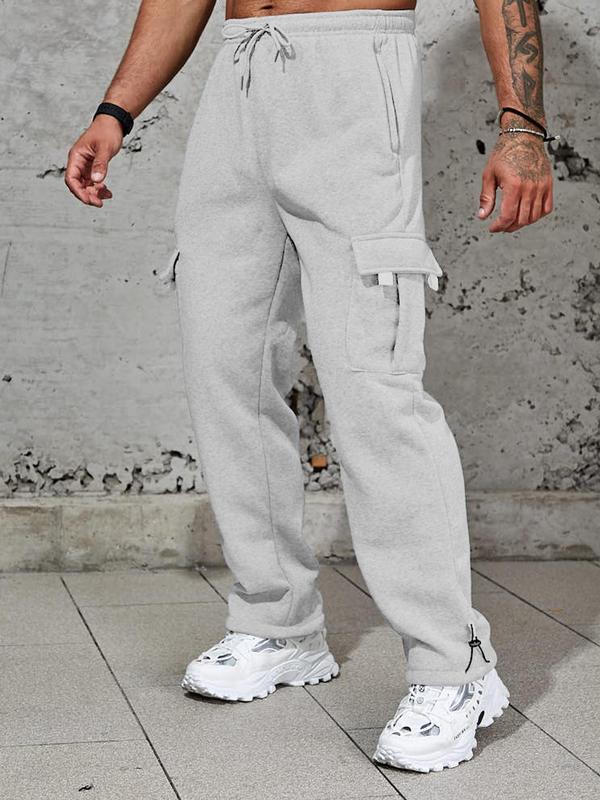 Men's Stylish Plain Flap Pocket Drawstring Waist Wide Leg Pants, Going Out Outfit, Fashion Casual Soft Stretchy Comfort Straight Leg Trousers for Daily Outdoor Wear, Men's Tracksuit for Fitness Travel, Men Cargo Pants, Fall Drippy Going Out Outfits