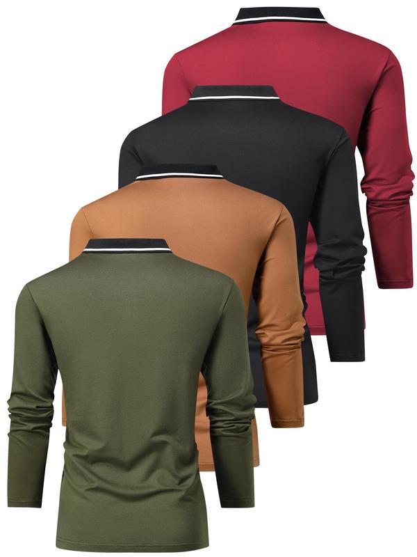 Men's Patchwork Long Sleeve Polo Shirt, Regular Fit Casual Button Front Collared Top for Summer, Fashion Men's Clothes for Daily Wear