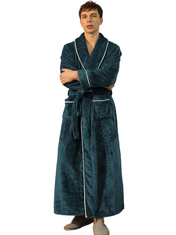 Men's Solid Color Contrast Binding Belted Long Sleeve Flannel Robe, Casual Plain Pocket Design Shawl Collar Bathrobe for Men, Fashion PJ Homewear, Men's Sleepwear Lougewear for Winter