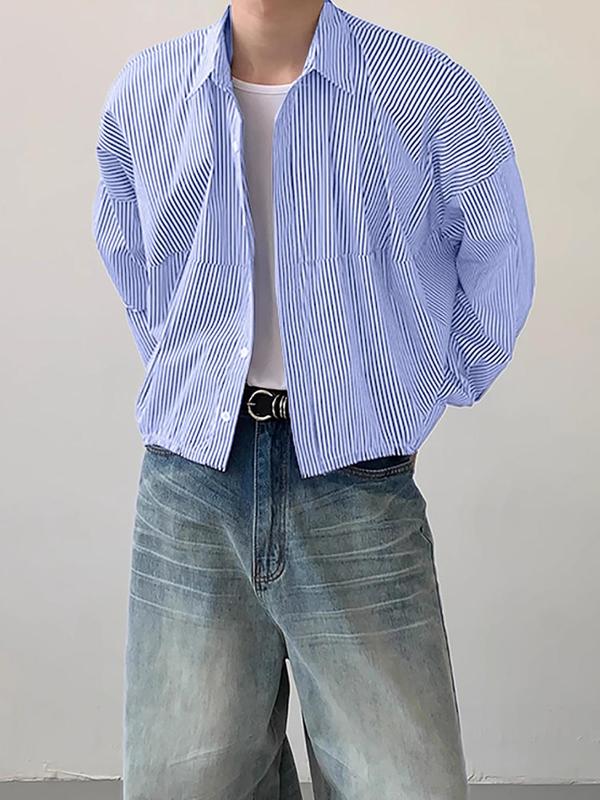 Men's Striped Print Button Front Shirt, Loose Casual Drop Shoulder Long Sleeve Collared Top for Daily Wear, Men's Clothes for All Seasons