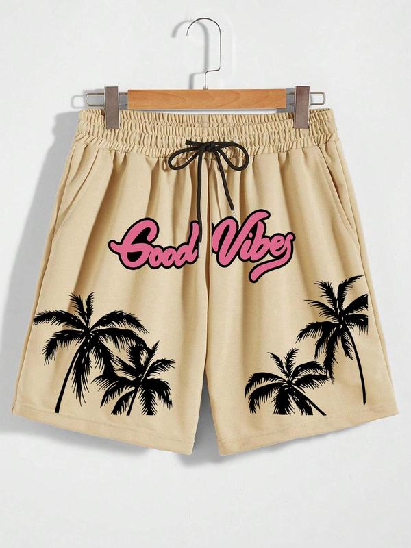 LGBTQ+ Men's Coconut Tree & Letter Print Drawstring Shorts, Loose Casual Street Pocket Elastic Waist Shorts for Summer, Fashion Men's Bottoms for Daily Wear, Summer Outfits