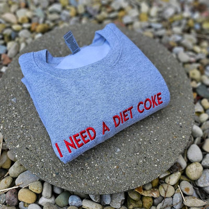 Embroidered “I NEED A DIET COKE” trendy and minimalist monochromatic crewneck neutral