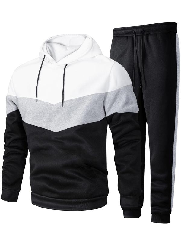 Men's Colorblock Hoodie & Drawstring Waist Sweatpants Two-piece Set, Regular Fit Casual Long Sleeve Hooded Sweatshirt & Pocket Jogger Pants, Men's Fall & Winter Clothes