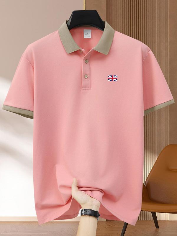 Men's Regular Fit Plain Flag Print Short Sleeve Polo Shirt, Casual Button Front Collared Top for Summer, Fashion Men's Clothes for Daily Wear