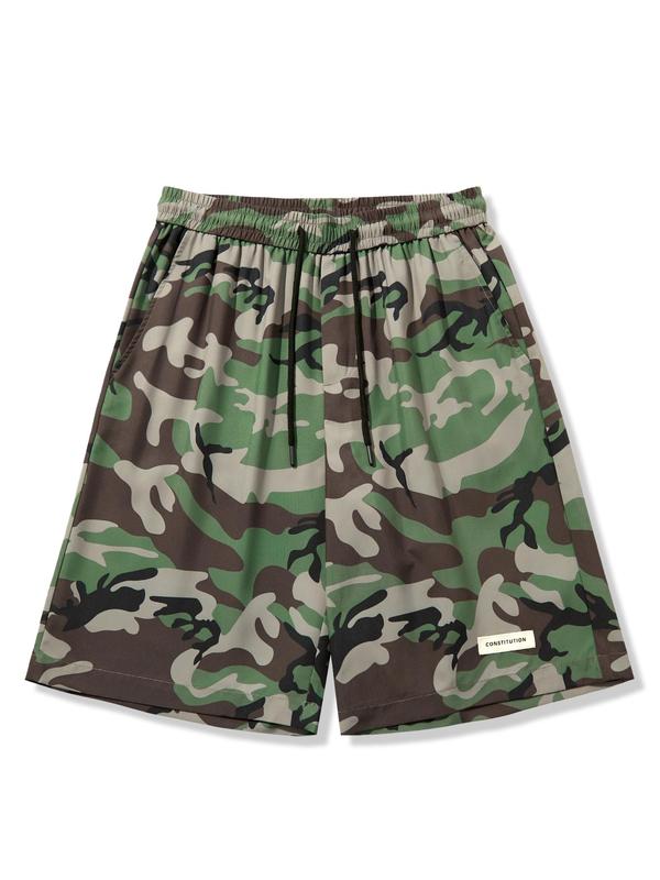 Men's Loose Letter Patched Camo Print Pocket Drawstring Waist Capris Pants, Casual Comfy Elastic Waist Pants for Summer, Men's Bottoms for Daily Wear