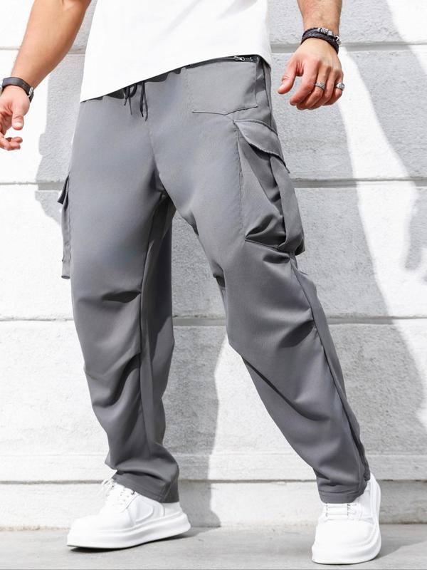  Men's Solid Flap Pocket Cargo Pants, Casual Streetwear Regular Fit Drawstring Waist Jogger Pants for Daily Wear, Pants for Men, Men's Trousers for Fall, Fall Bottoms 2024