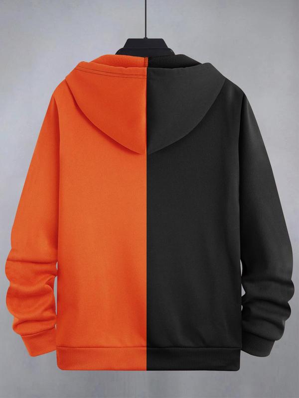 Men's Colorblock & Cartoon Expression Graphic Long Sleeve Zip Up Essentials Hoodie, Casual Soft Regular Fit Two-tone Pocket Zipper Hooded Back To School Sweatshirts Pullover for Daily Wear,  Fall Outfits 2024,  Mens Clothing, Fitted Menswear