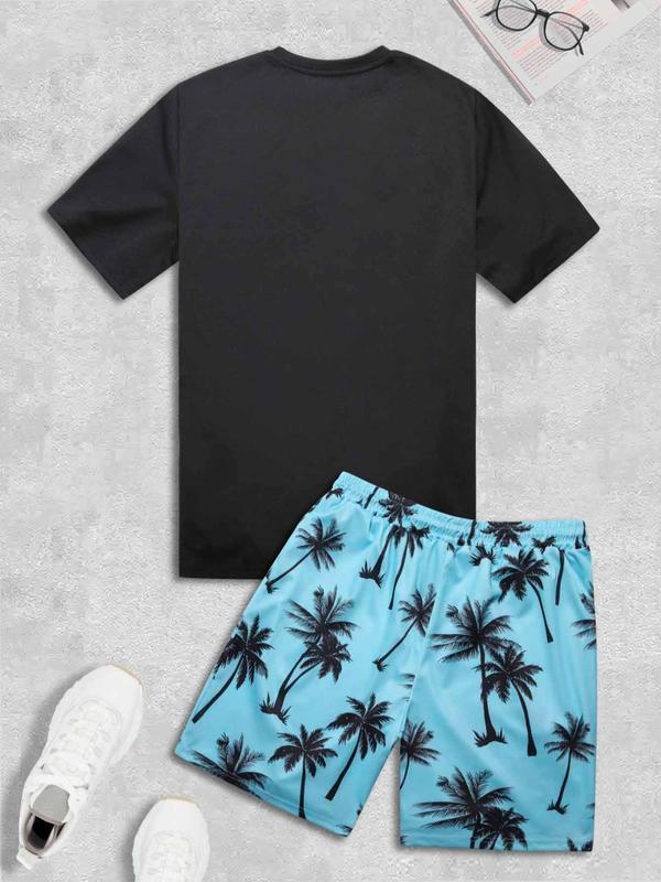 2 Counts Men's Coconut Print Tee & Shorts Suits Set, Round Neck Short Sleeve T-shirt Tops & Drawstring Waist Shorts Set, Back-to-school Clothing, Men Outfits for Beach Vacation Formal Wear, Summer Outfits, Menswear, Starboy Outfit Men