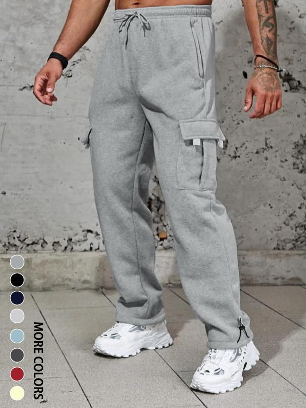 Men's Stylish Plain Flap Pocket Drawstring Waist Wide Leg Pants, Going Out Outfit, Fashion Casual Soft Stretchy Comfort Straight Leg Trousers for Daily Outdoor Wear, Men's Tracksuit for Fitness Travel, Men Cargo Pants, Fall Drippy Going Out Outfits