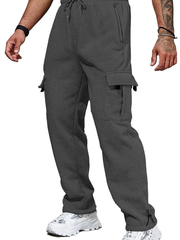 Men's Stylish Plain Flap Pocket Drawstring Waist Wide Leg Pants, Going Out Outfit, Fashion Casual Soft Stretchy Comfort Straight Leg Trousers for Daily Outdoor Wear, Men's Tracksuit for Fitness Travel, Men Cargo Pants, Fall Drippy Going Out Outfits