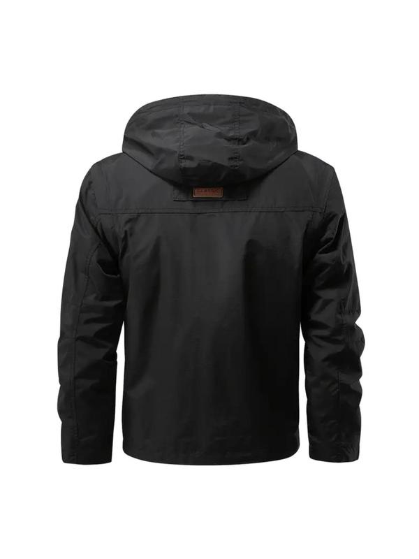 Men's Letter Patched Pocket Drawstring Hooded Jacket, Casual Detachable Sleeve Waterproof Windproof Outerwear for Outdoor Activities, Fashion Men's Clothes for All Seasons