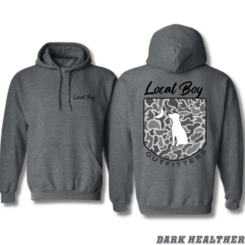 Local Boy Outfitters Hoodie - Classic Camouflage Design, camo hoodie, Unisex Sweater with Dog and Moon Graphic - Long Sleeve, Sweatshirts