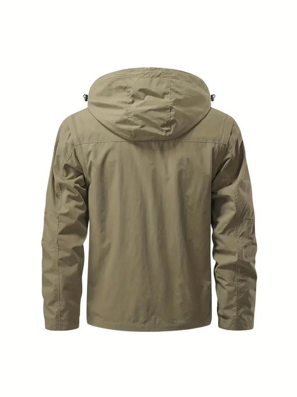 Men's Letter Patched Pocket Drawstring Hooded Jacket, Casual Detachable Sleeve Waterproof Windproof Outerwear for Outdoor Activities, Fashion Men's Clothes for All Seasons