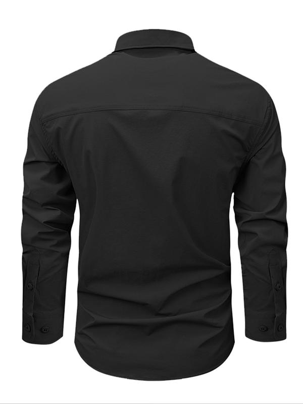 Men's Solid Pocket Button Front Shirt, Regular Fit Casual Long Sleeve Collared Top for Fall & Winter, Men's Clothes for Outdoor Work