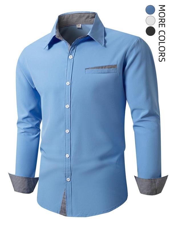 Men's Solid Color Pocket Button Front Shirt,   Casual Long Sleeve Collared Top for Fall & Winter, Men's Clothes for Daily Wear