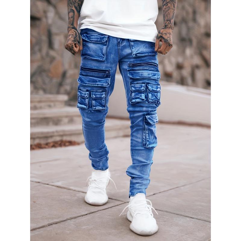 Men's Casual Slim Fit Harem Jeans, Fashionable Street Stretch Multi-pocket Motorcycle Pants