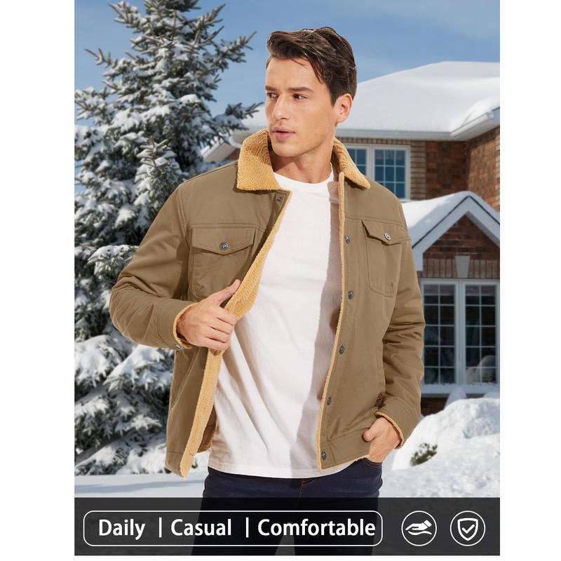 Men's Winter Jacket Sherpa Lined Jacket Warm Trucker Coat Multi Pocket Casual Collared Menswear Tops Men's Fleece-lined Cotton Casual Jacket