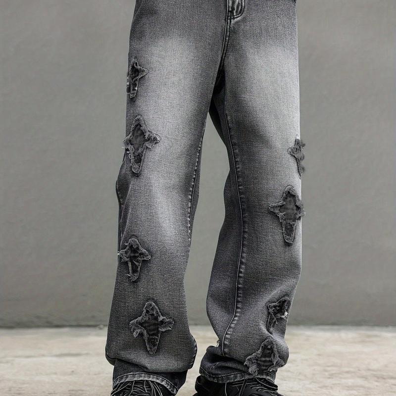 Men's Casual Wide-Leg Jeans with Embroidered Detail - Blend, Machine Washable