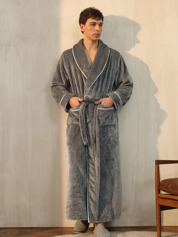 Men's Solid Color Contrast Binding Belted Long Sleeve Flannel Robe, Casual Plain Pocket Design Shawl Collar Bathrobe for Men, Fashion PJ Homewear, Men's Sleepwear Lougewear for Winter