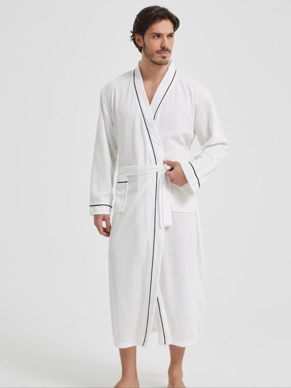 Men's Contrast Binding Pocket Belted Lounge Robe, Casual Soft Comfortable Long Sleeve V Neck Dressing Gown, Men's Sleepwear for All Seasons