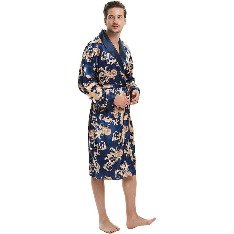 Men's Satin Robe Dragon Luxurious Silk Spa Long Sleeve House Kimono Bathrobe