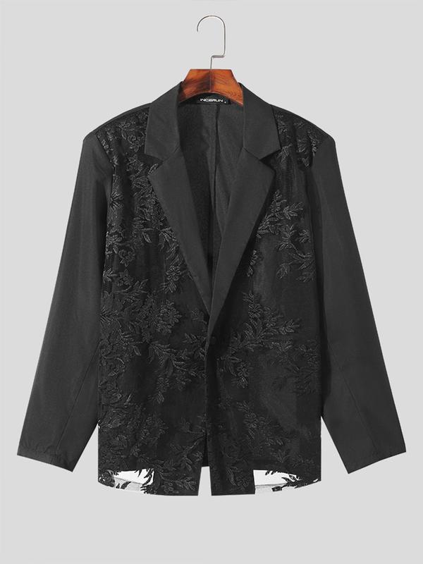 Men's Contrast Floral Lace Contrast Lace Sheer Blazer Jacket, Regular Fit Long Sleeve Lapel Neckline Suit Jacket for Party, Fashion Men's Clothing for All Seasons