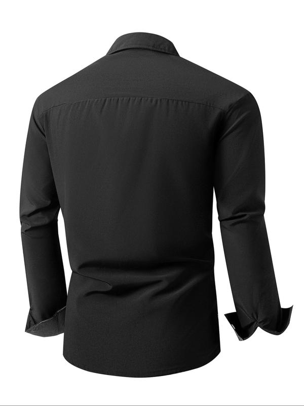Men's Solid Color Pocket Button Front Shirt,   Casual Long Sleeve Collared Top for Fall & Winter, Men's Clothes for Daily Wear