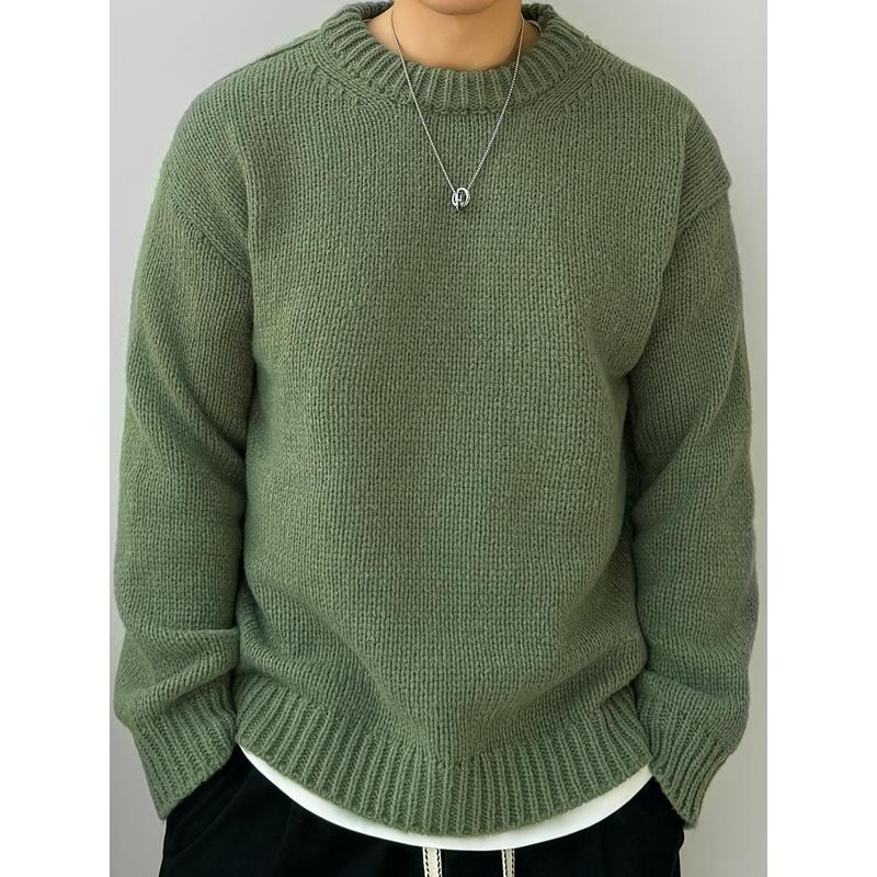 Men's Solid Color Knitted Pullover, Casual Long Sleeve Crew Neck Sweater Autumn and Winter